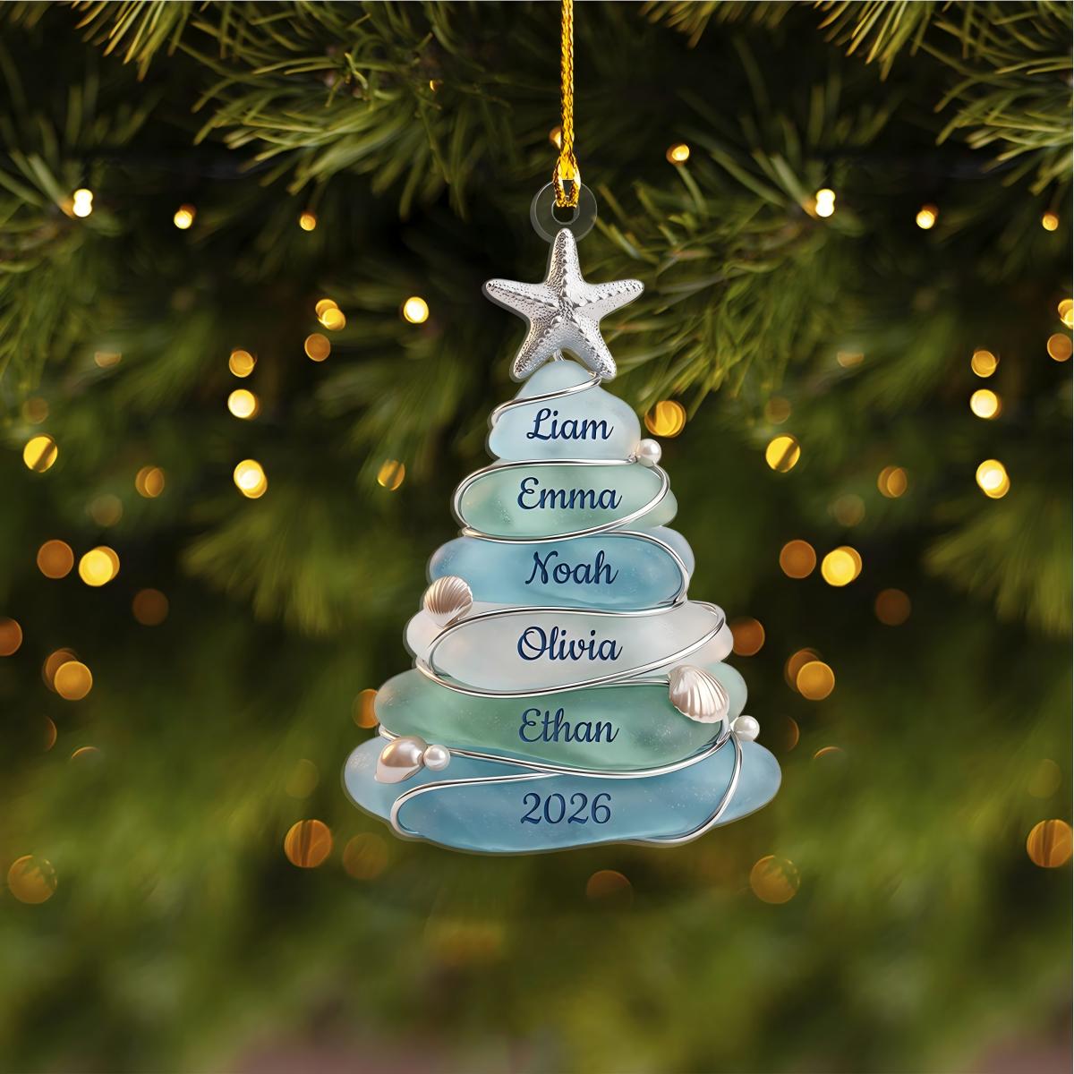 Custom Sea Glass Tree Ornament, Beach Family Christmas Decor, Coastal Keepsake