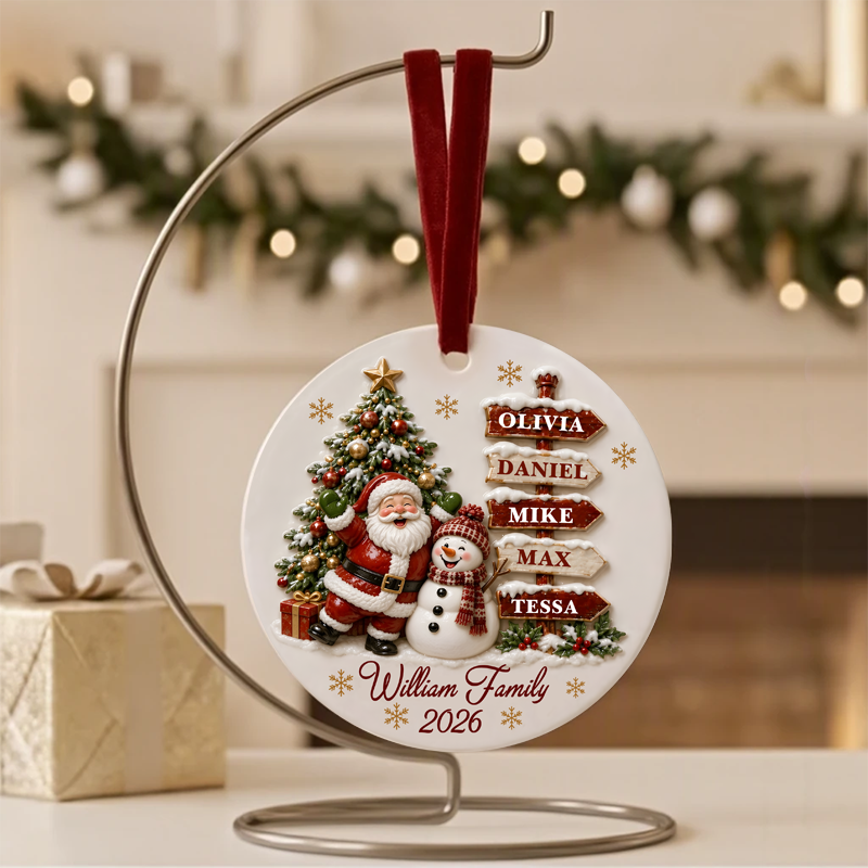 Santa Clause Snow Woman Family Round Ceramic Ornament