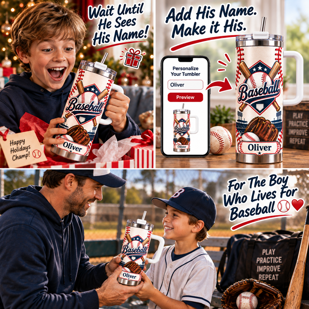 Personalized Baseball Tumbler with Name - 30 oz Gift for Boys