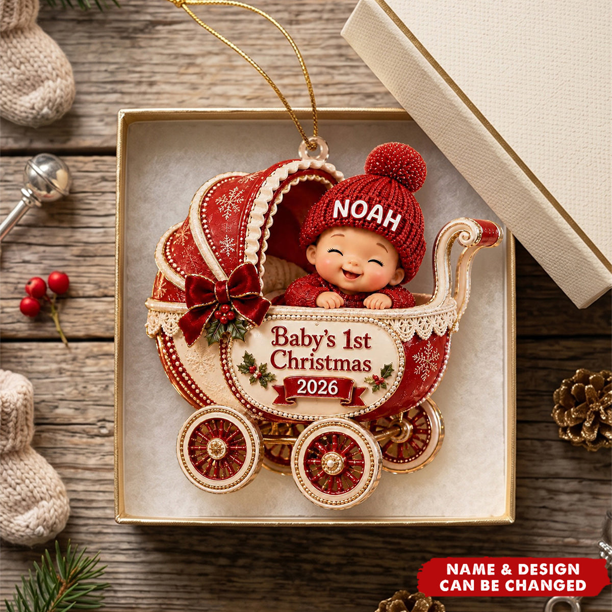 Personalized Baby First Christmas Acrylic Ornament - Custom Name Stroller Keepsake