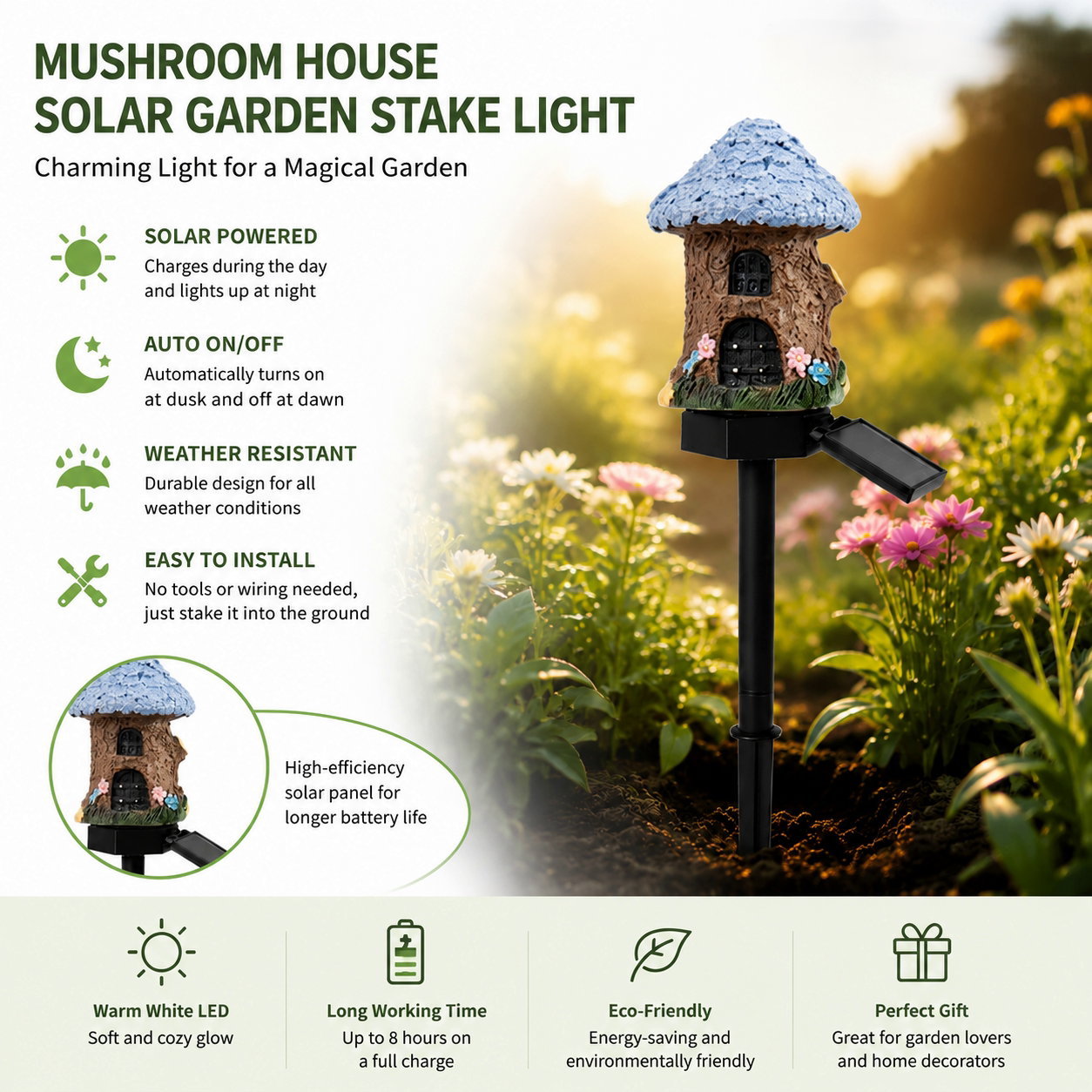 🍄Solar Fairy Tale Mushroom Cottage Garden Light – Whimsical Warm Glow for Paths, Patios & Flower Beds🌙