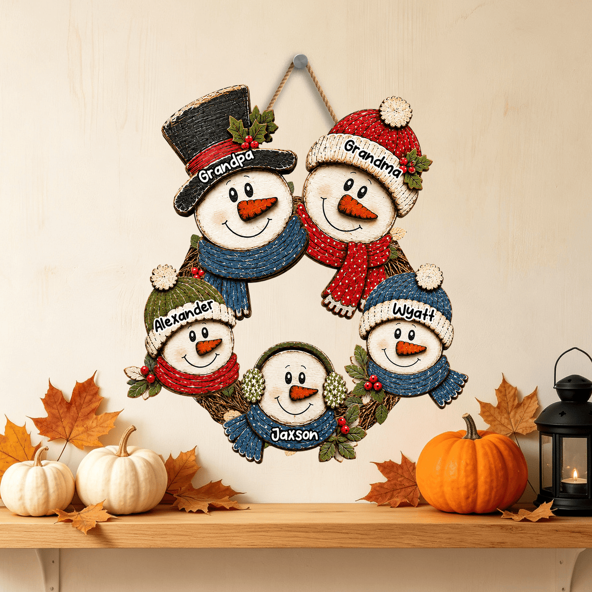 Grandma & Grandpa Snowman Wreath – Personalized Christmas Wood Sign