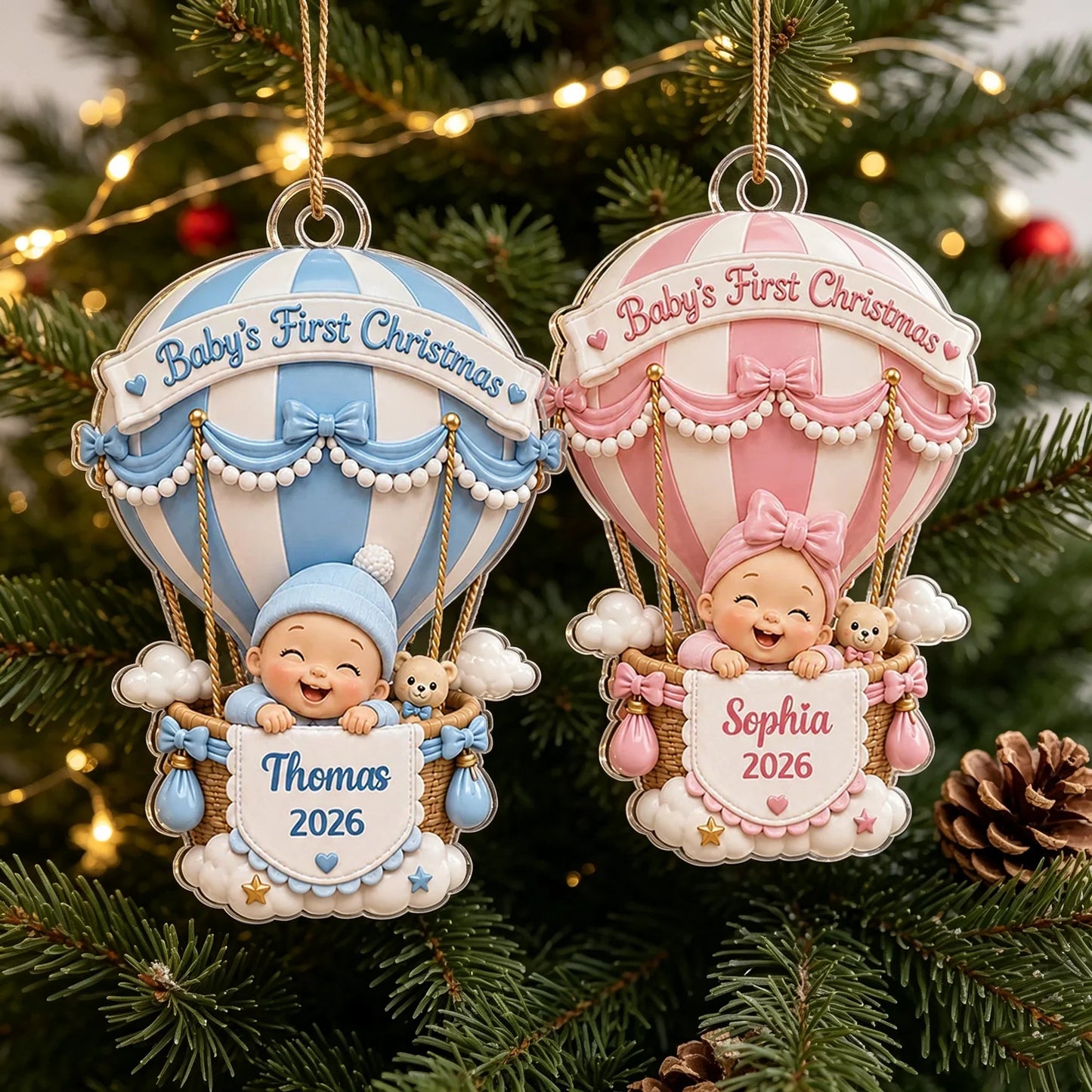 Personalized Acrylic Ornament, Baby's First Christmas Hot Air Balloon