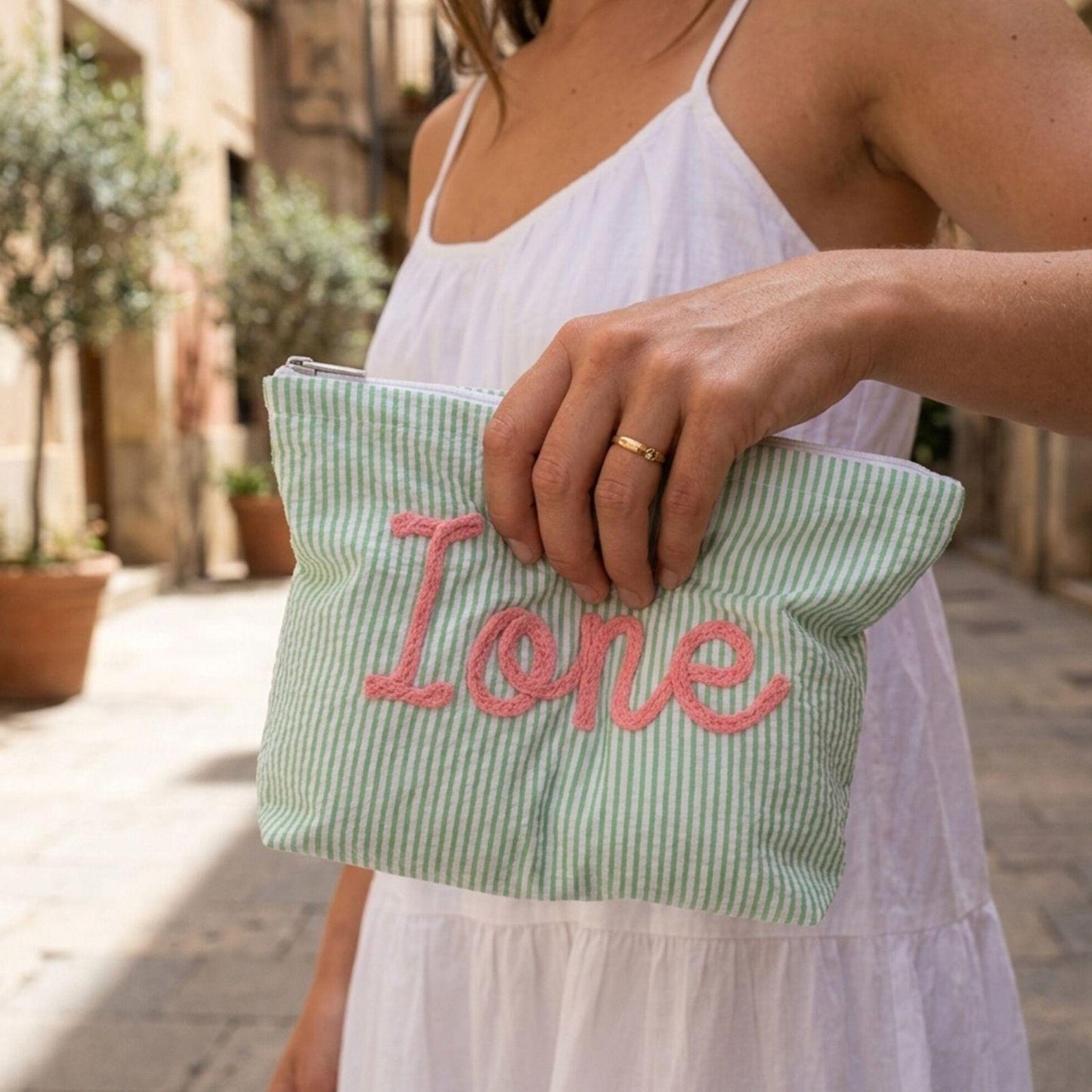 Personalized Name Seersucker Makeup Bag - Gift For Mom, Girlfriend, Women, Summer Gift