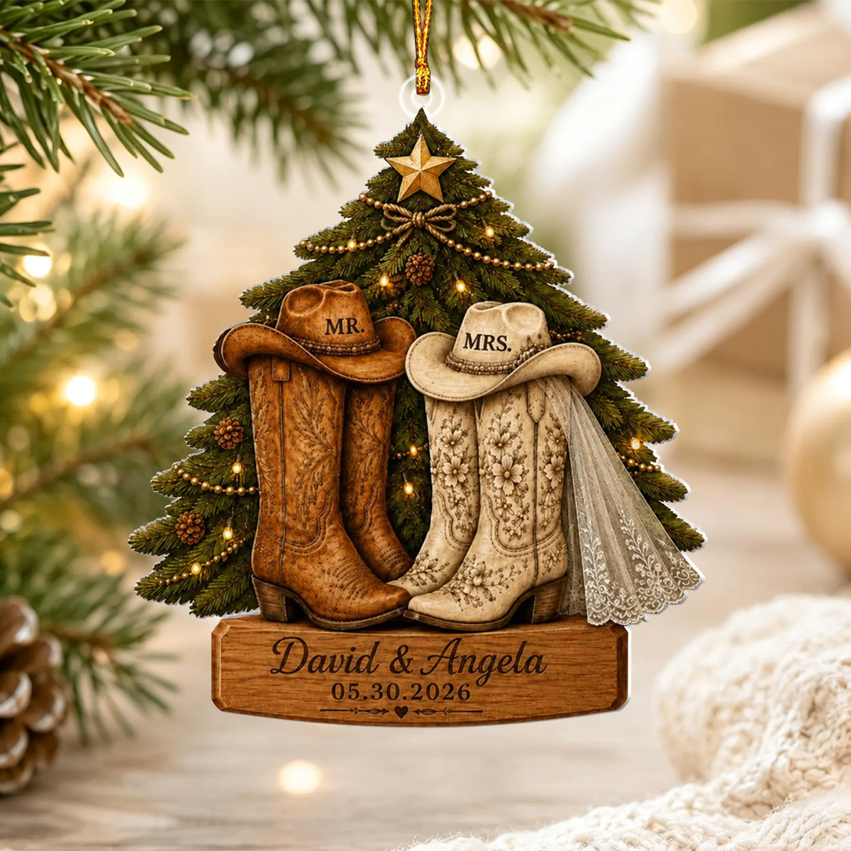 Personalized Western Couple First Christmas Married Ornament