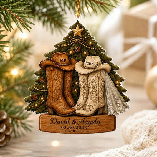 Personalized Western Couple First Christmas Married Ornament