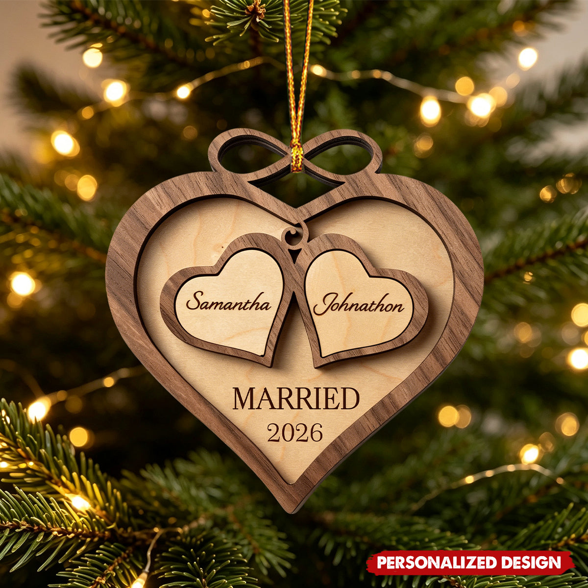 Personalized Wooden Ornament - Our First Christmas Engaged Married Infinity Heart