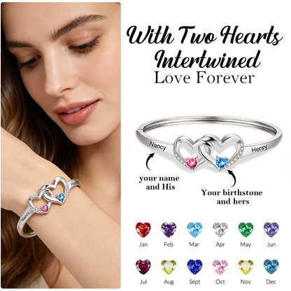 Personalized Double Heart Birthstone Bangle for Women, Custom Name Engraved