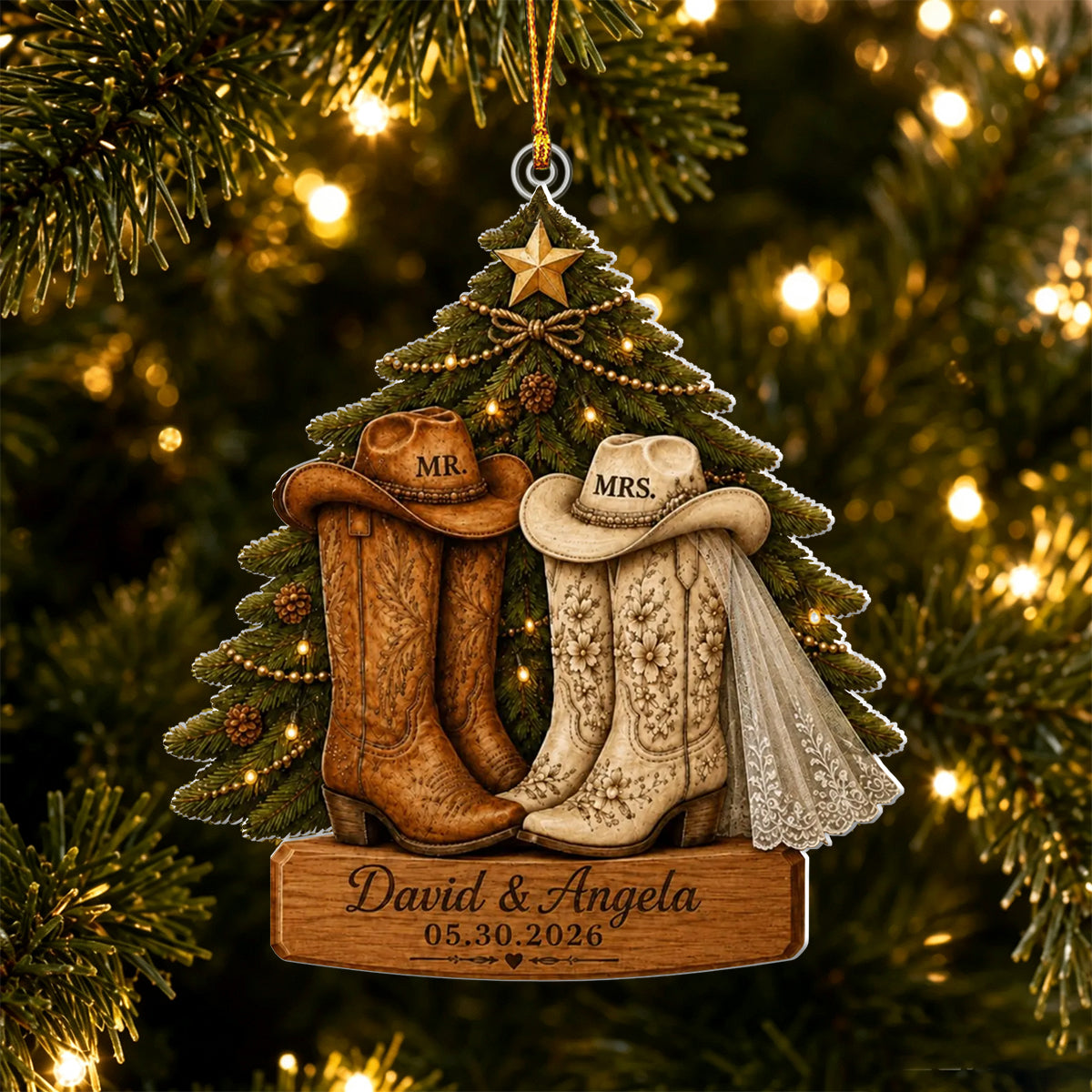 Personalized Western Couple First Christmas Married Ornament
