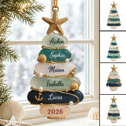 🎄Custom Sea Glass Tree 2026 Ornament, Personalized Coastal Family Christmas Gift