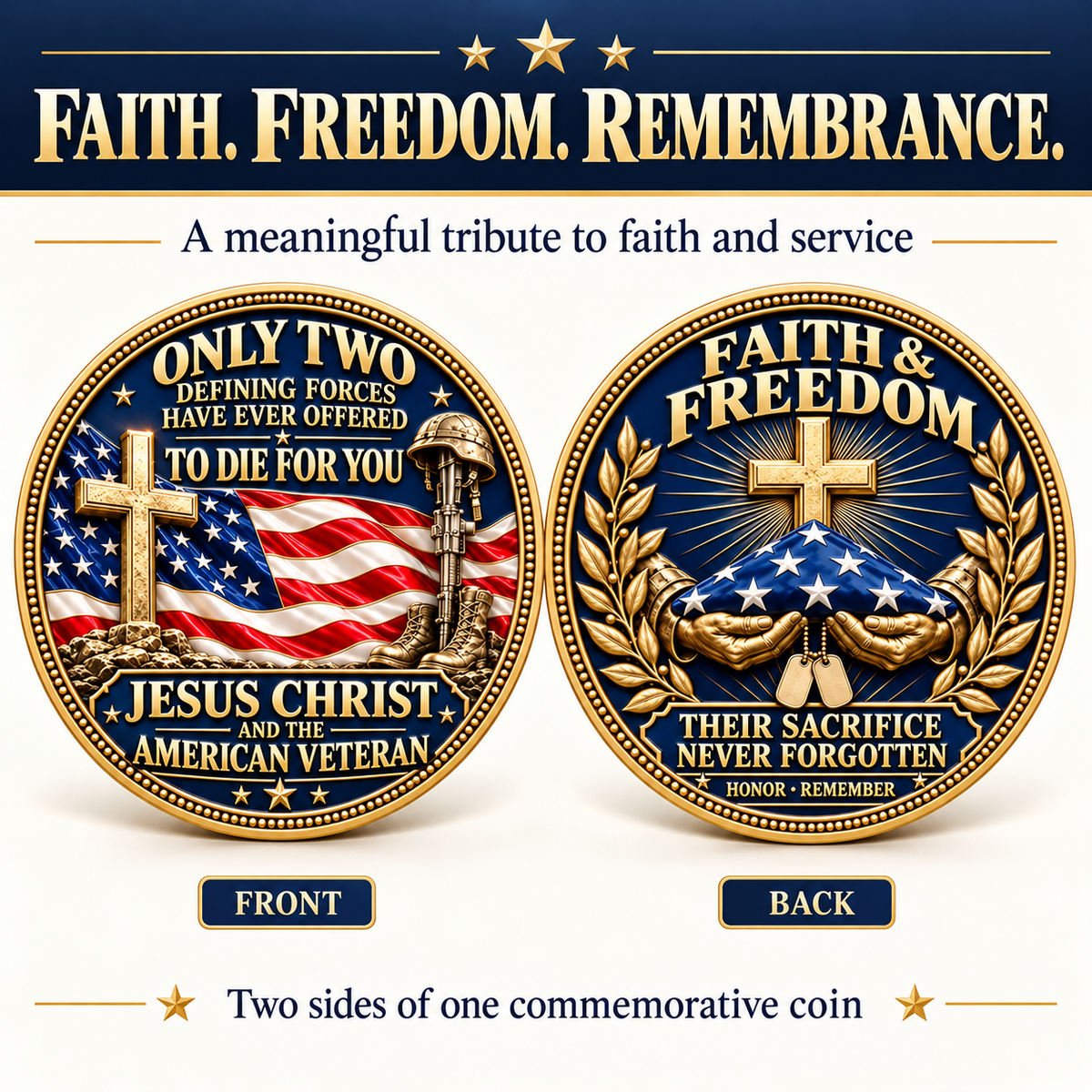 "Faith & Freedom" Commemorative Challenge Coin | Jesus Christ & The American Veteran ✝️🦅-The Ultimate Tribute to Sacrifice - Honor, Remember, Believe.