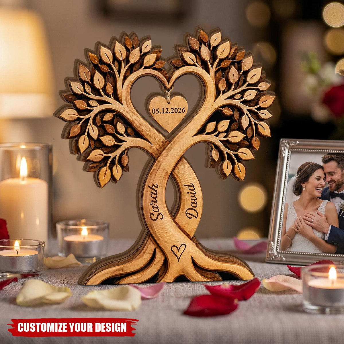 Personalized Couple Tree Wooden Block, Custom Name Anniversary Wedding Decor