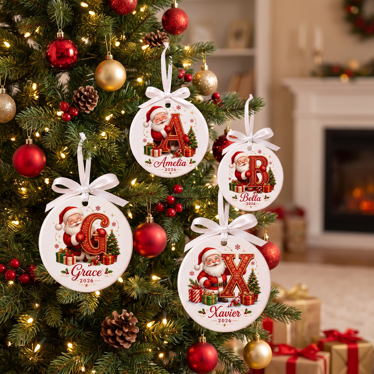 🎅 Personalized Santa Initial Ornament – Custom Name Christmas Ornament 🎄✨