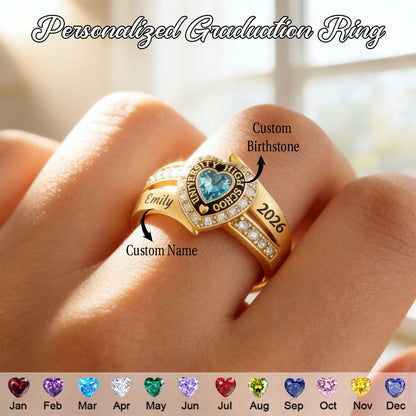 Personalized Engraved Heart Birthstone Graduation Ring Gift for Graduates