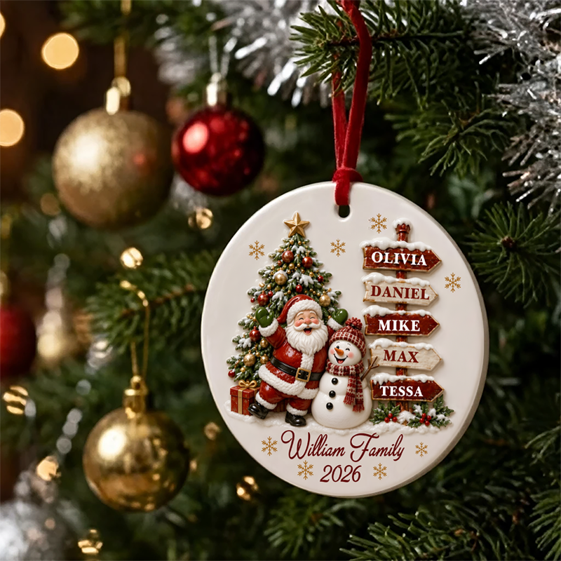 Santa Clause Snow Woman Family Round Ceramic Ornament