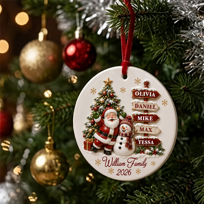 Santa Clause Snow Woman Family Round Ceramic Ornament