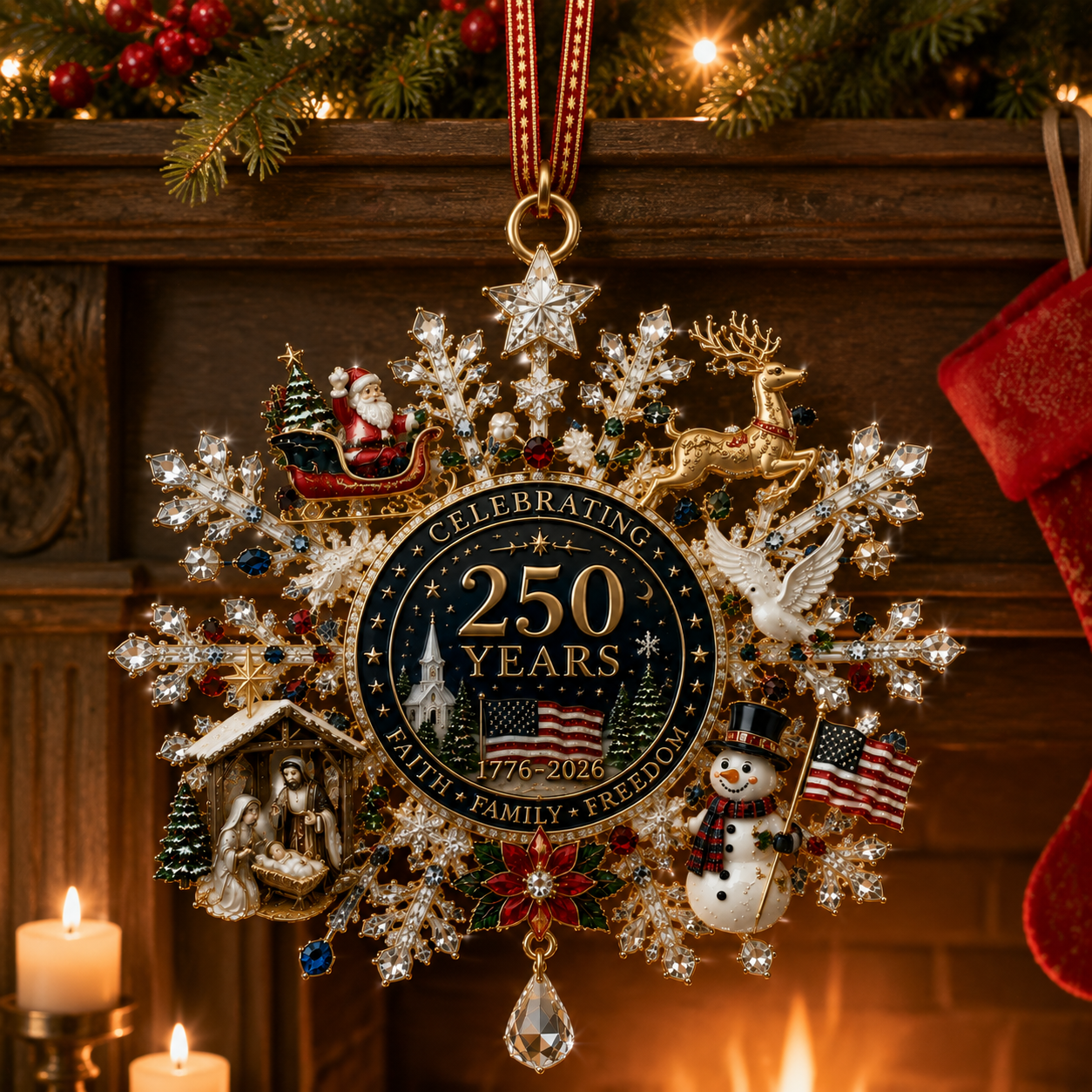 🔥Last 40 pcs✨⏰ Limited anniversary edition✨49% OFF!🔥Patriotic Limited Edition – Sparkling Christmas Commemorative Snowflake Ornament