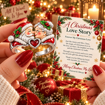 A Christmas Love Story – Santa & Mrs. Claus Adjustable Heart Ring with Romantic Message Card | Christmas Gift for Wife