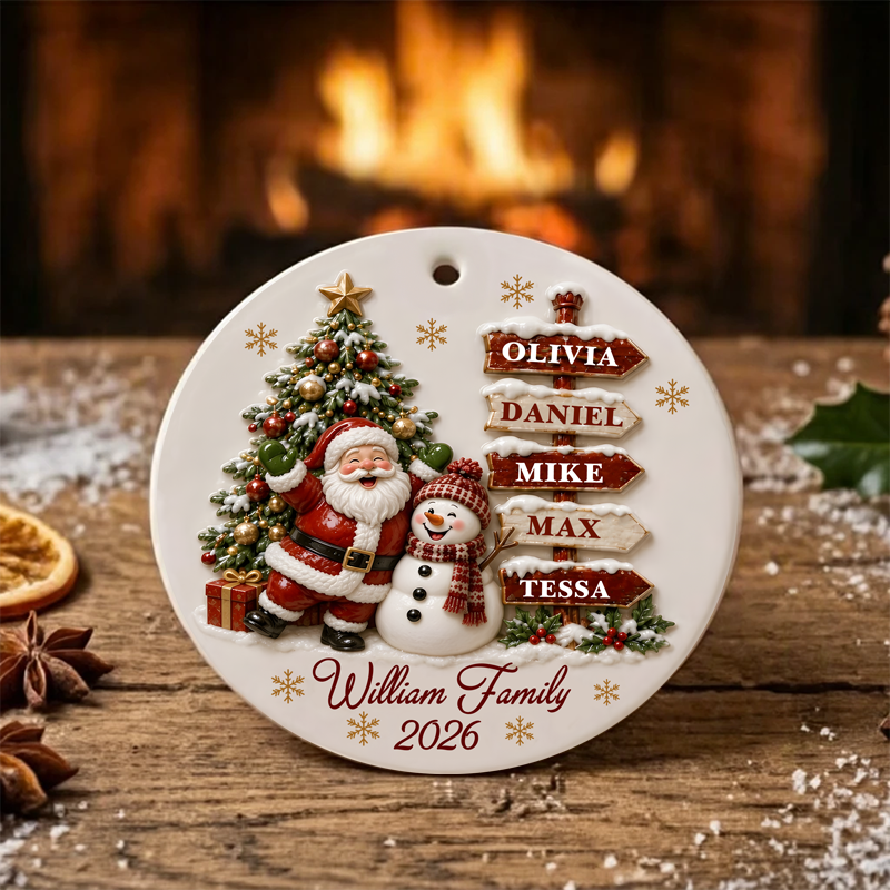 Santa Clause Snow Woman Family Round Ceramic Ornament