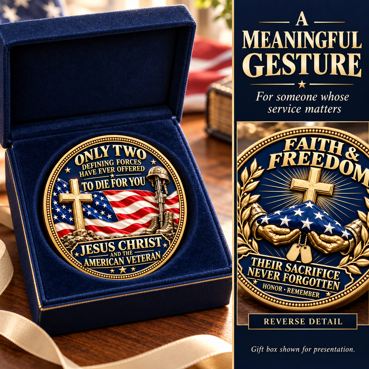 "Faith & Freedom" Commemorative Challenge Coin | Jesus Christ & The American Veteran ✝️🦅-The Ultimate Tribute to Sacrifice - Honor, Remember, Believe.