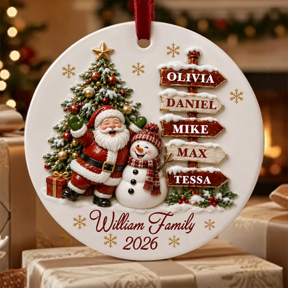 Santa Clause Snow Woman Family Round Ceramic Ornament