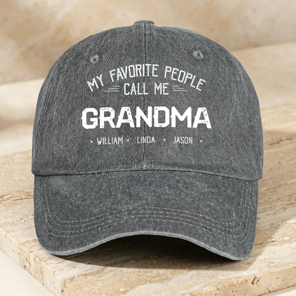 Personalized Washed Denim Baseball Cap 'My Favorite People Call Me Grandma' Unique Gift for Grandma, Vintage Look