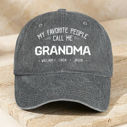 Personalized Washed Denim Baseball Cap 'My Favorite People Call Me Grandma' Unique Gift for Grandma, Vintage Look