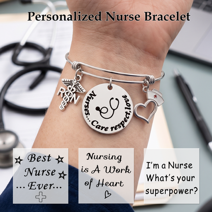 Personalized Nurse Charm Bangle Bracelet, Gift for Nurse