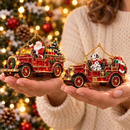 2026 Vintage Fire Truck Christmas Ornaments – Set of 6 | Stained-Glass Style with Festive Holiday Scenes & Golden Accents