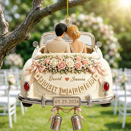 Personalized Just Married Car Ornament – Custom Bride & Groom Wedding Keepsake