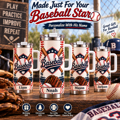 Personalized Baseball Tumbler with Name - 30 oz Gift for Boys