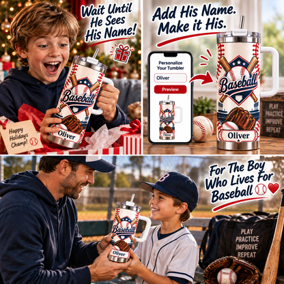Personalized Baseball Tumbler with Name - 30 oz Gift for Boys