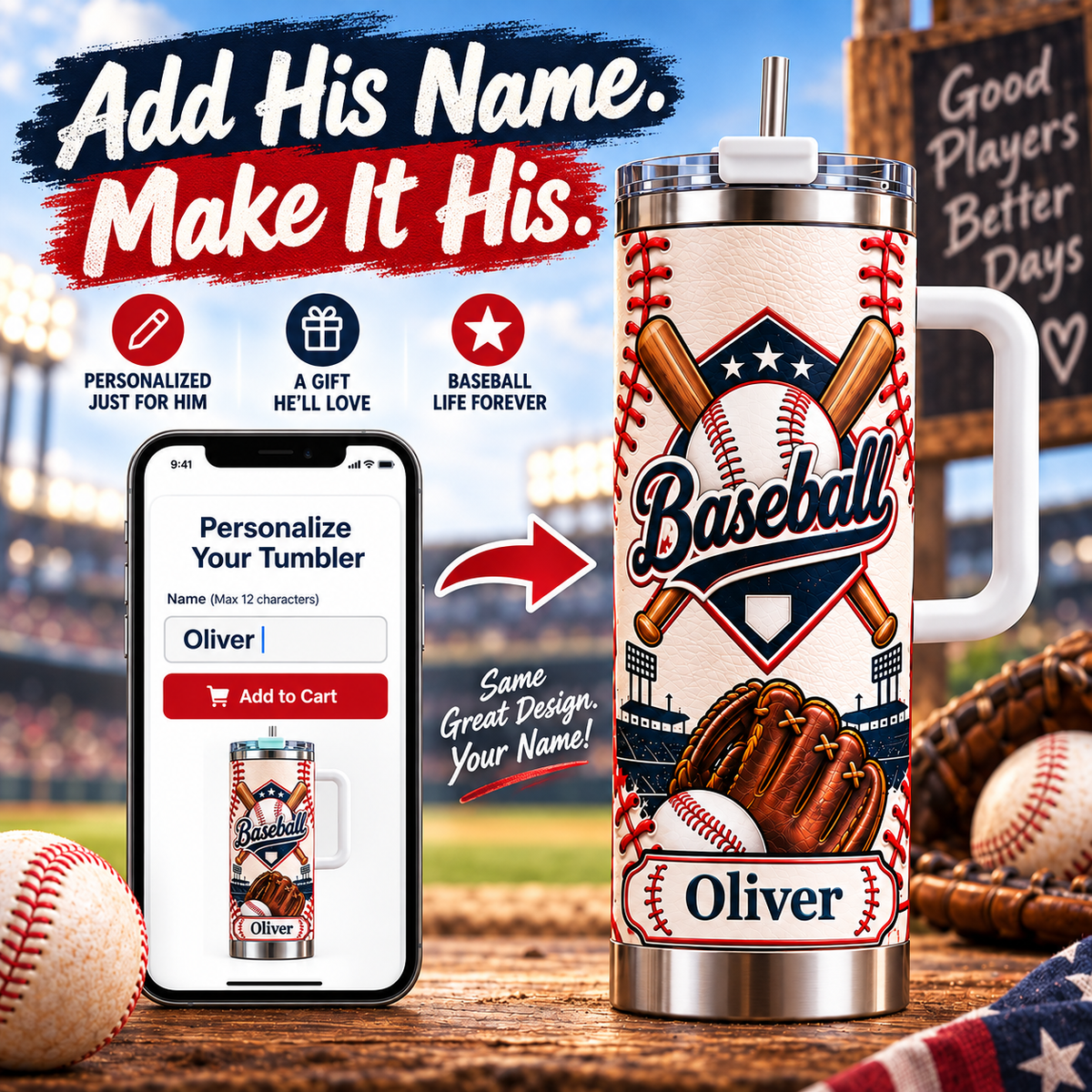 Personalized Baseball Tumbler with Name - 30 oz Gift for Boys