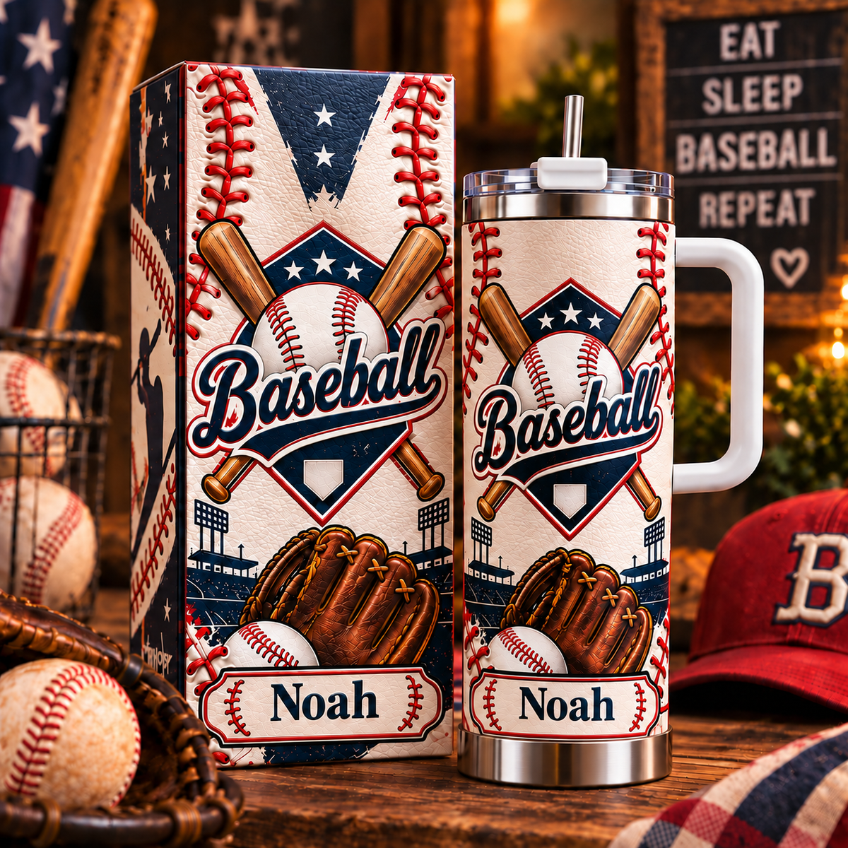 Personalized Baseball Tumbler with Name - 30 oz Gift for Boys