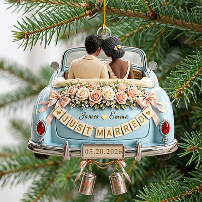 Personalized Just Married Car Ornament – Custom Bride & Groom Wedding Keepsake