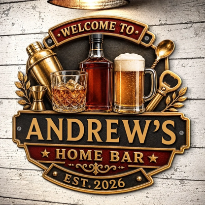 Custom Bar Shaped Metal Sign - Personalized Birthday Gifts For Husband, Son, Grandson, Brother, Grandpa, Dad, Yourself - Home Bar
