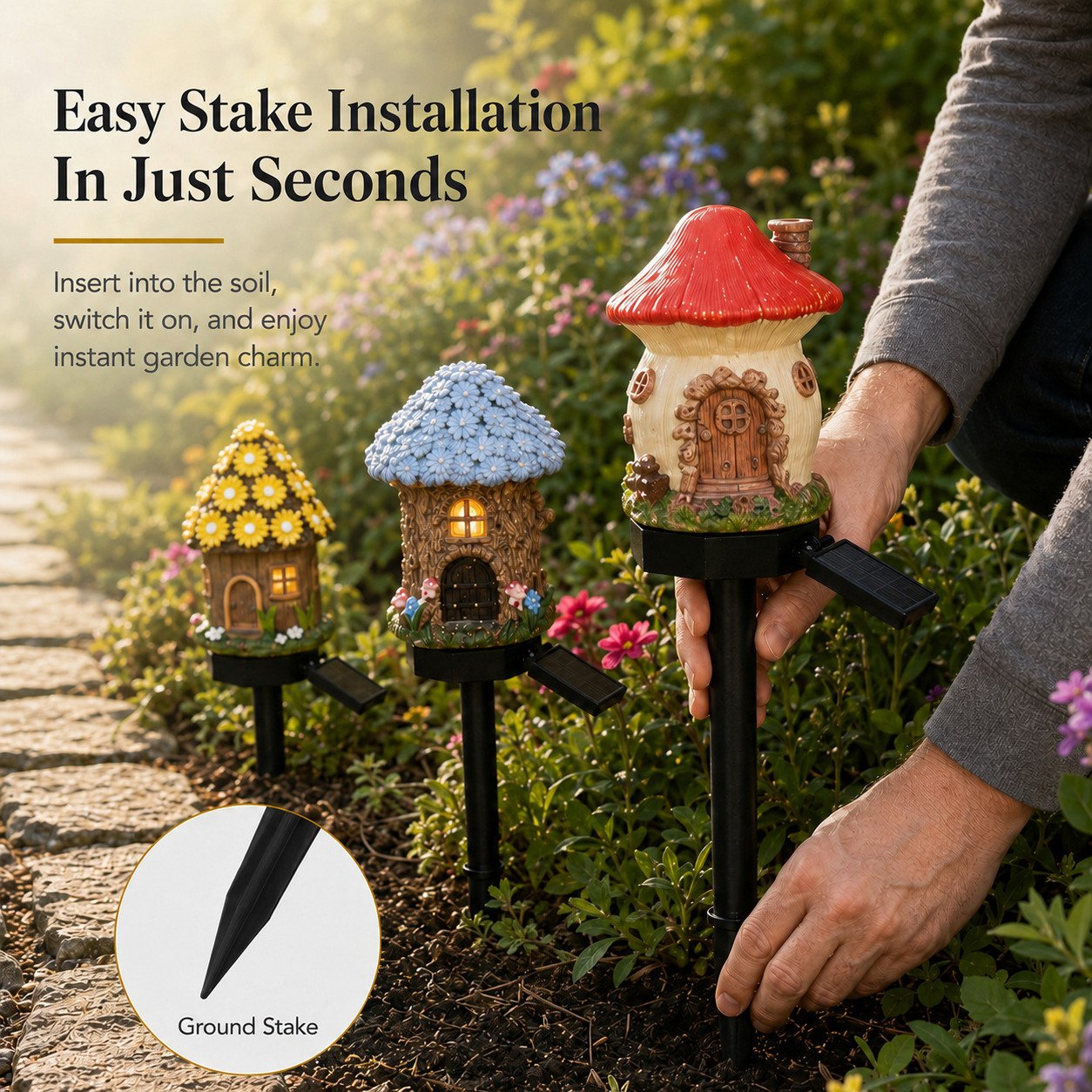 🍄Solar Fairy Tale Mushroom Cottage Garden Light – Whimsical Warm Glow for Paths, Patios & Flower Beds🌙
