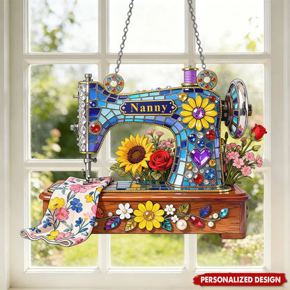 Personalized Flower Sewing Machine Window Hanging Decor, Gifts for Sewing Lover