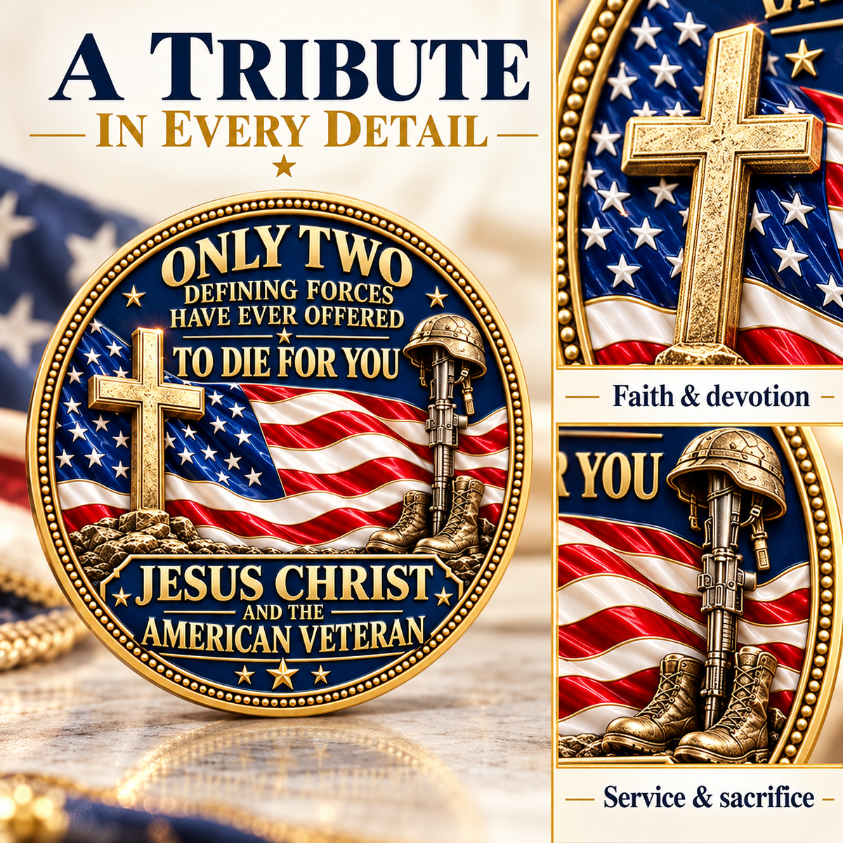 "Faith & Freedom" Commemorative Challenge Coin | Jesus Christ & The American Veteran ✝️🦅-The Ultimate Tribute to Sacrifice - Honor, Remember, Believe.