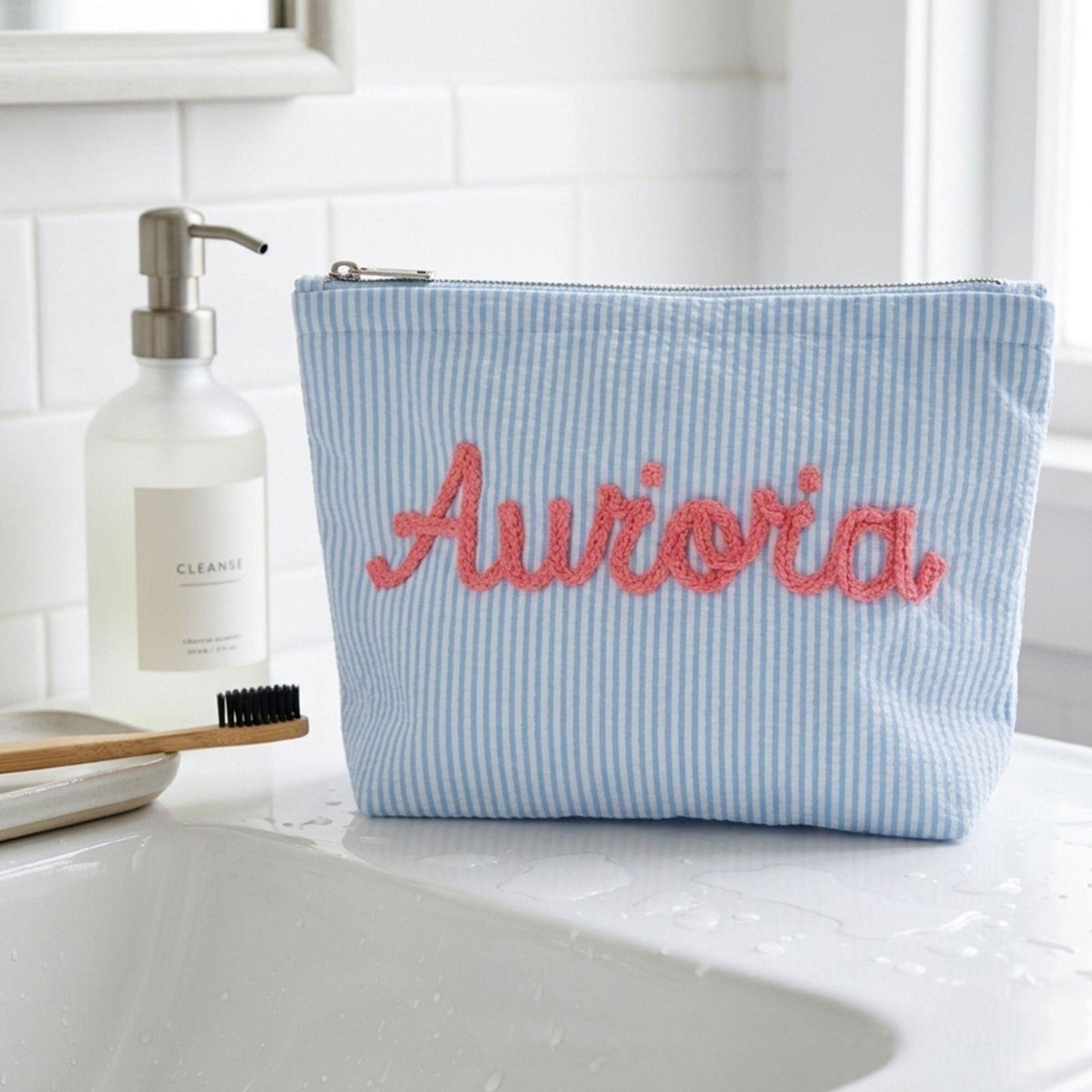 Personalized Name Seersucker Makeup Bag - Gift For Mom, Girlfriend, Women, Summer Gift