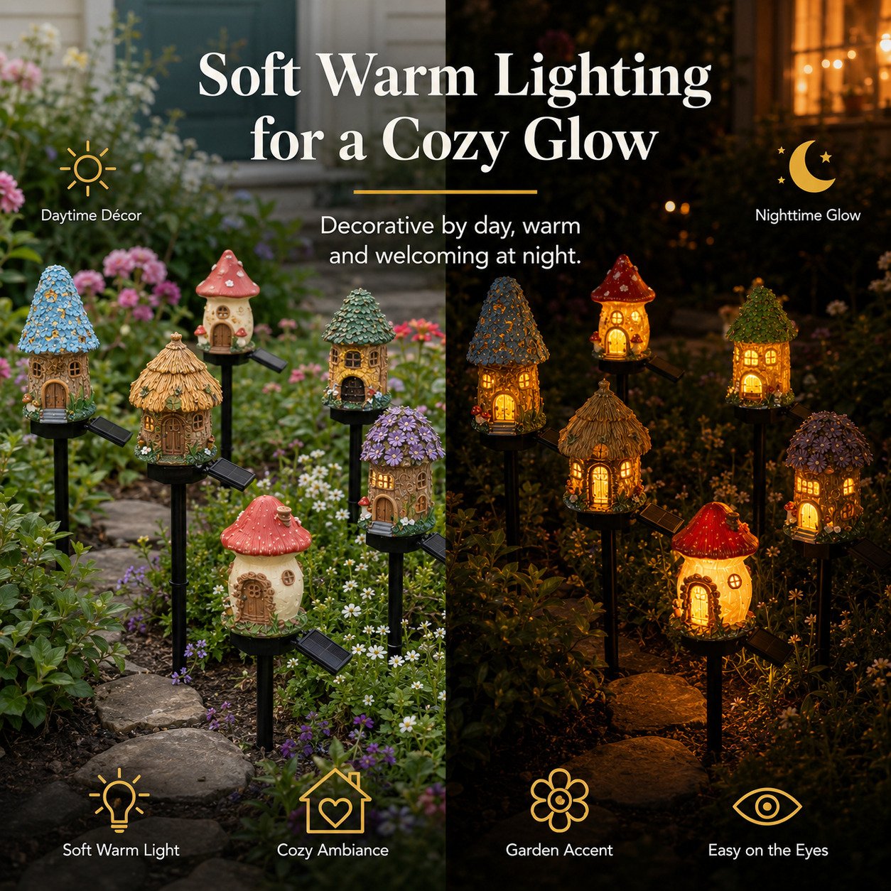 🍄Solar Fairy Tale Mushroom Cottage Garden Light – Whimsical Warm Glow for Paths, Patios & Flower Beds🌙