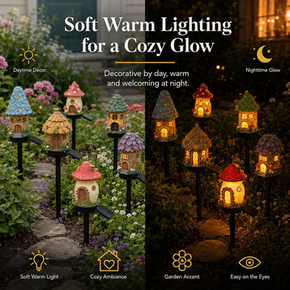 🍄Solar Fairy Tale Mushroom Cottage Garden Light – Whimsical Warm Glow for Paths, Patios & Flower Beds🌙