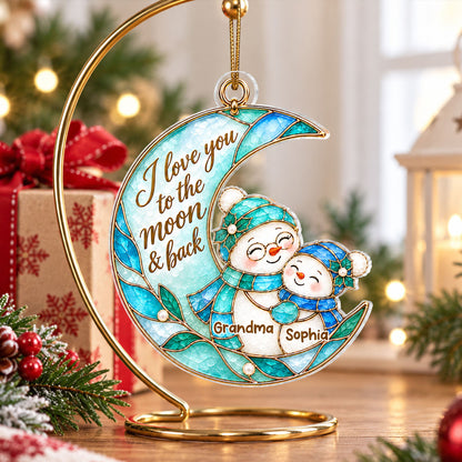 Grandma Grandkid Snowman On Moon - Personalized Acrylic Ornament - Christmas Gift For Grandkids, Grandma