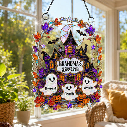 Whimsical Grandma's Boo Crew Haunted House - Personalized Acrylic Suncatcher - Halloween Decoration For Grandma