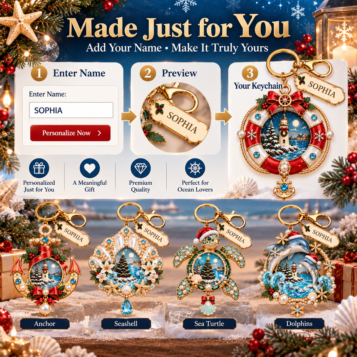 🎄 Personalized Coastal Christmas Keychain