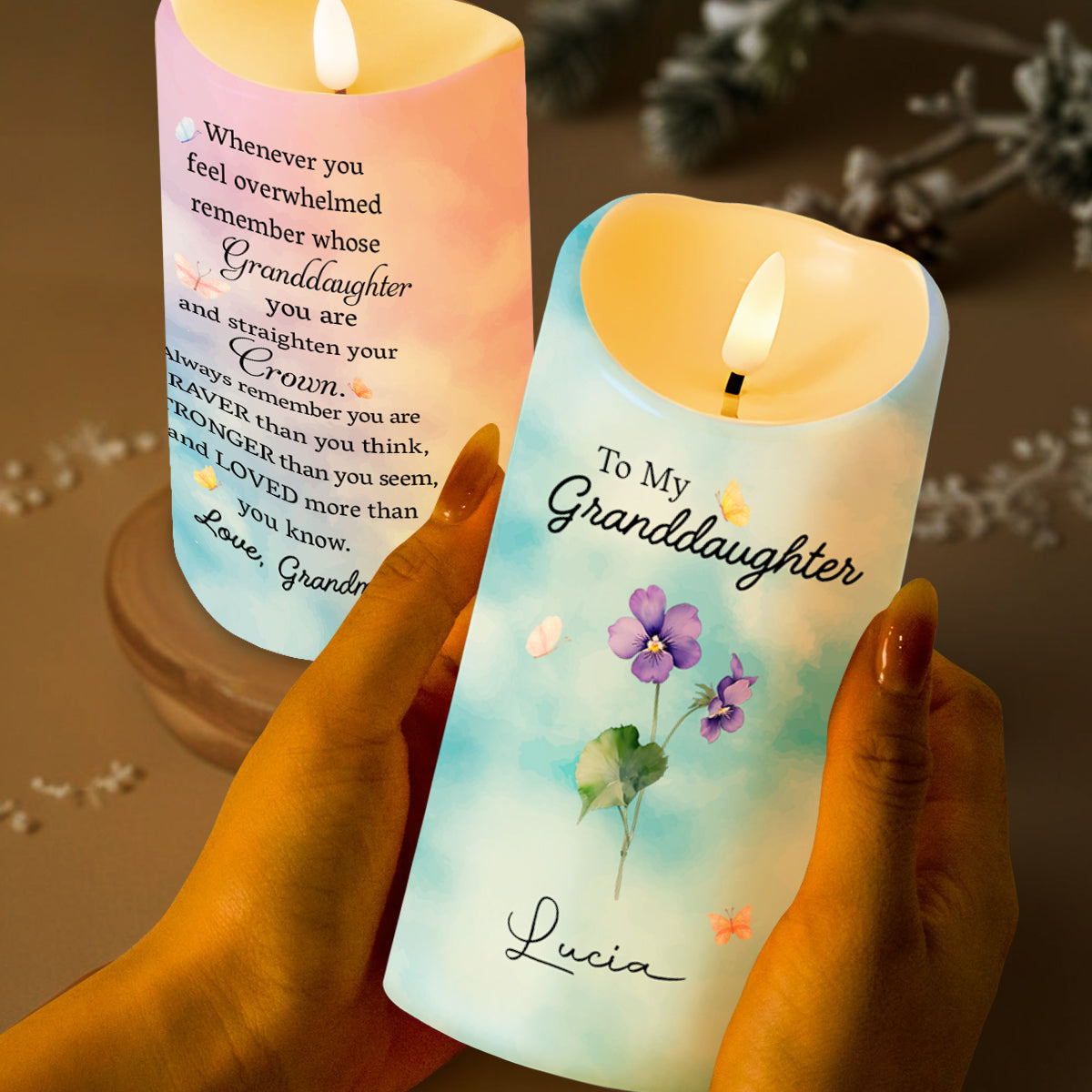 To My Granddaughter Crown And Flowers Quote - Personalized Custom LED Candle