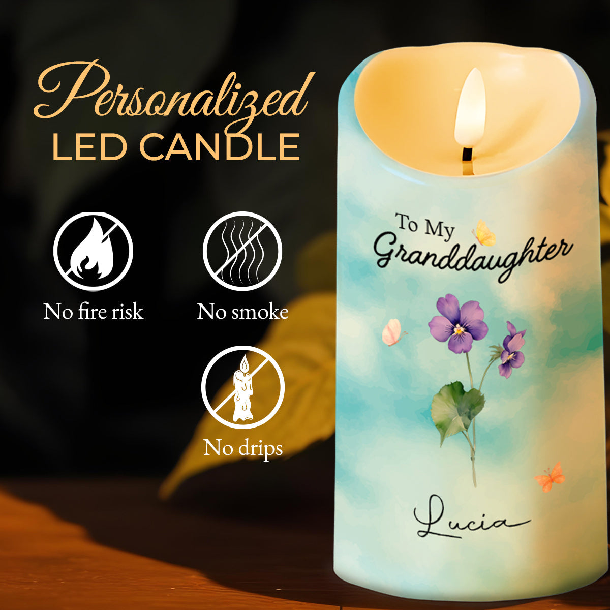 To My Granddaughter Crown And Flowers Quote - Personalized Custom LED Candle
