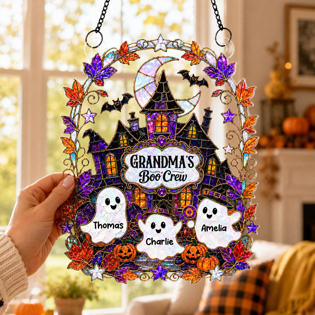 Whimsical Grandma's Boo Crew Haunted House - Personalized Acrylic Suncatcher - Halloween Decoration For Grandma