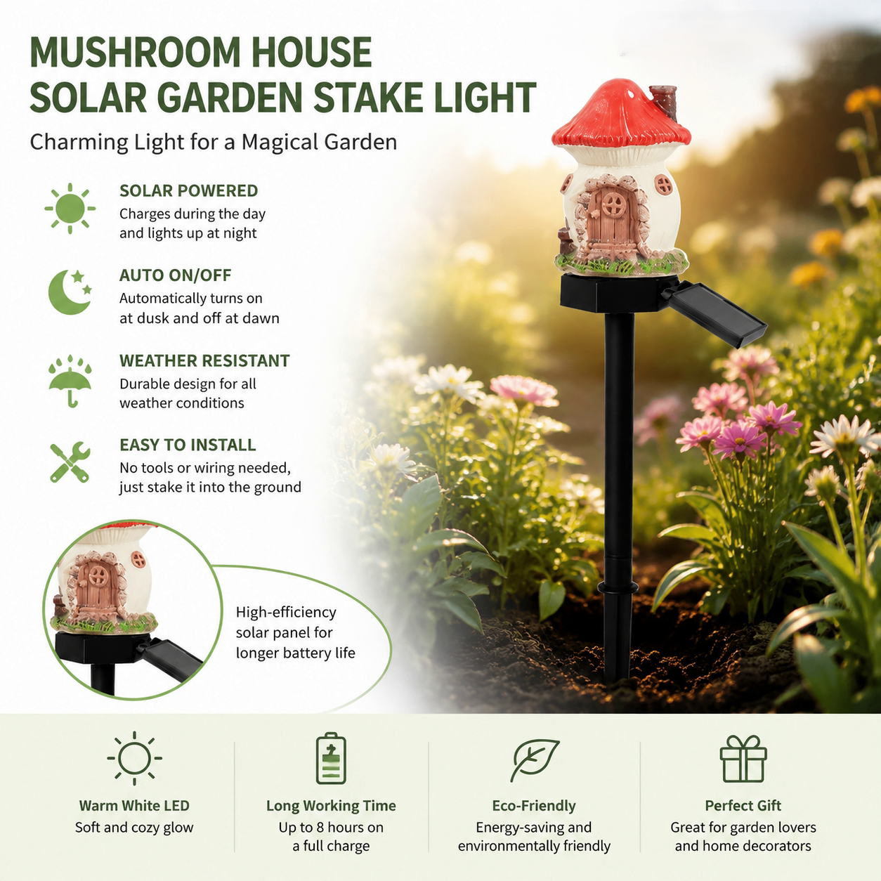 🍄Solar Fairy Tale Mushroom Cottage Garden Light – Whimsical Warm Glow for Paths, Patios & Flower Beds🌙