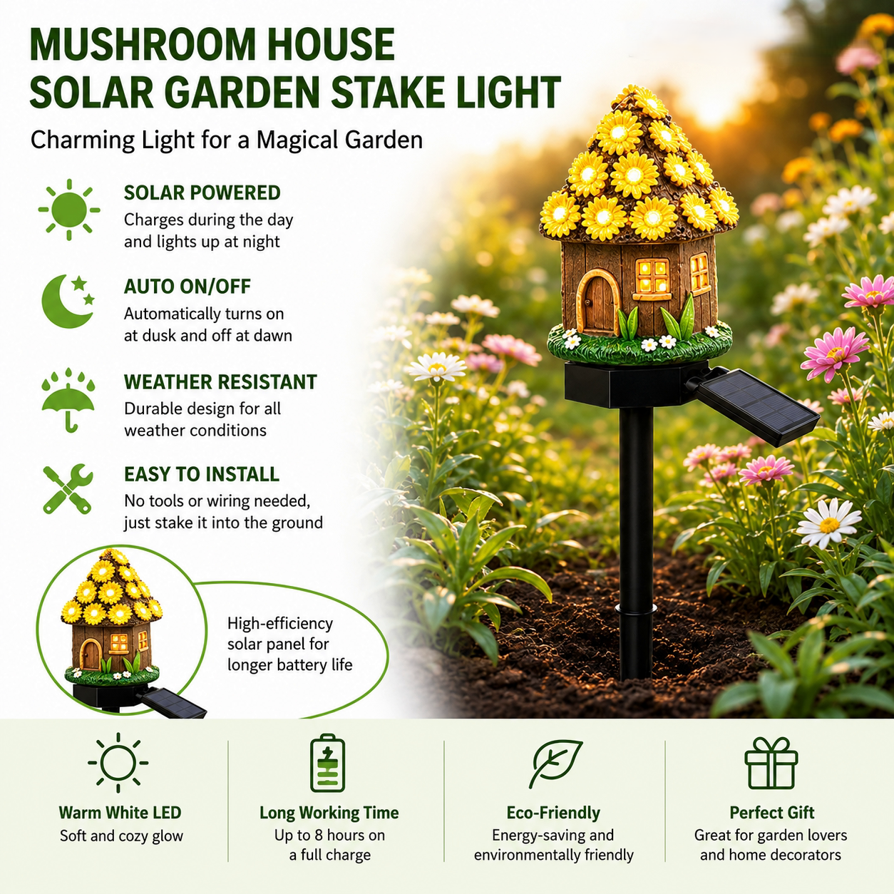🍄Solar Fairy Tale Mushroom Cottage Garden Light – Whimsical Warm Glow for Paths, Patios & Flower Beds🌙